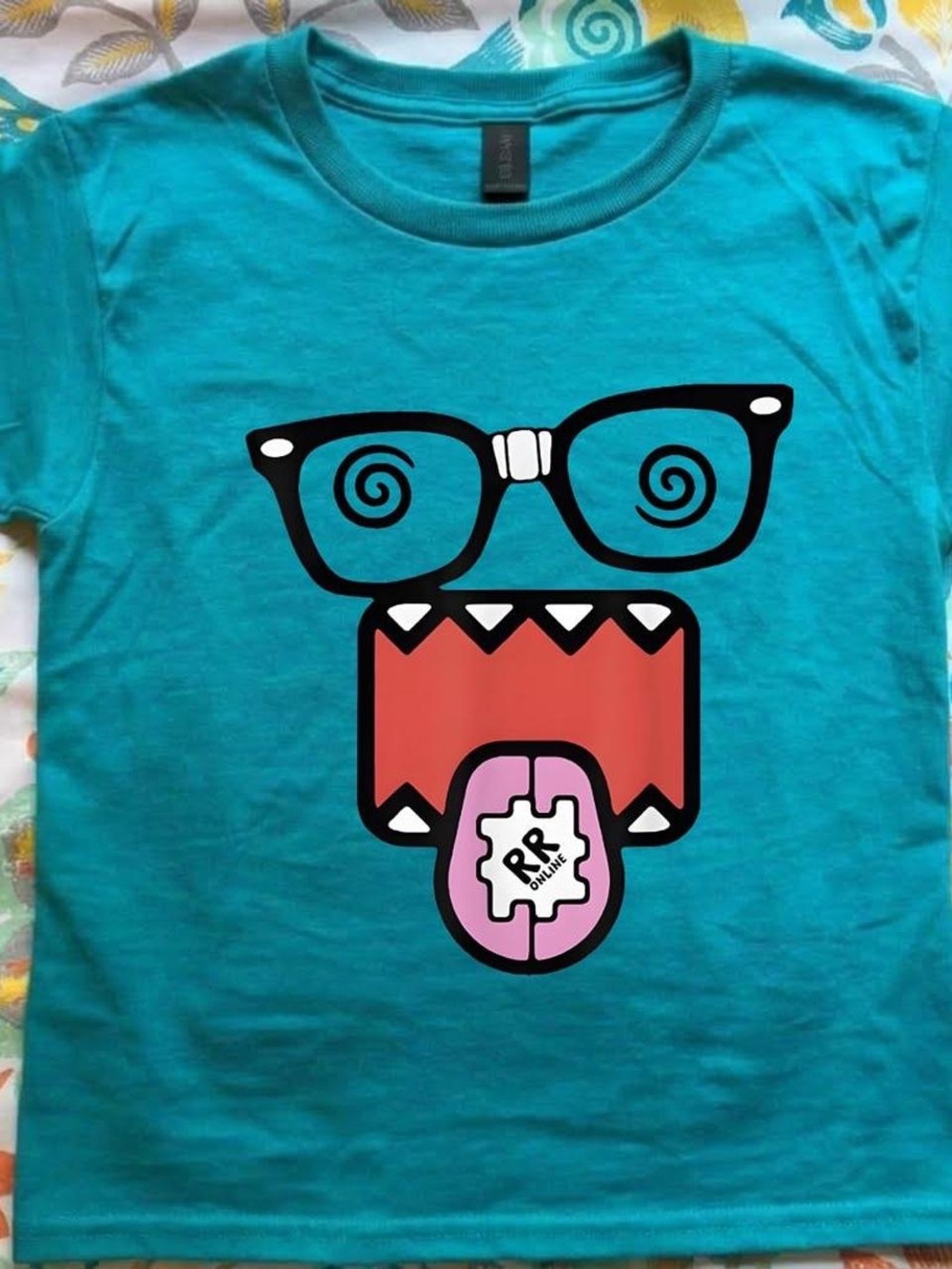 Gildan Teal Graphic Tee with Red Monster Mouth & Pink Tongue